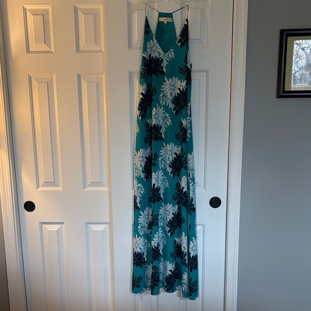 LOFT Teal Floral Maxi Dress with Black & White Flowers